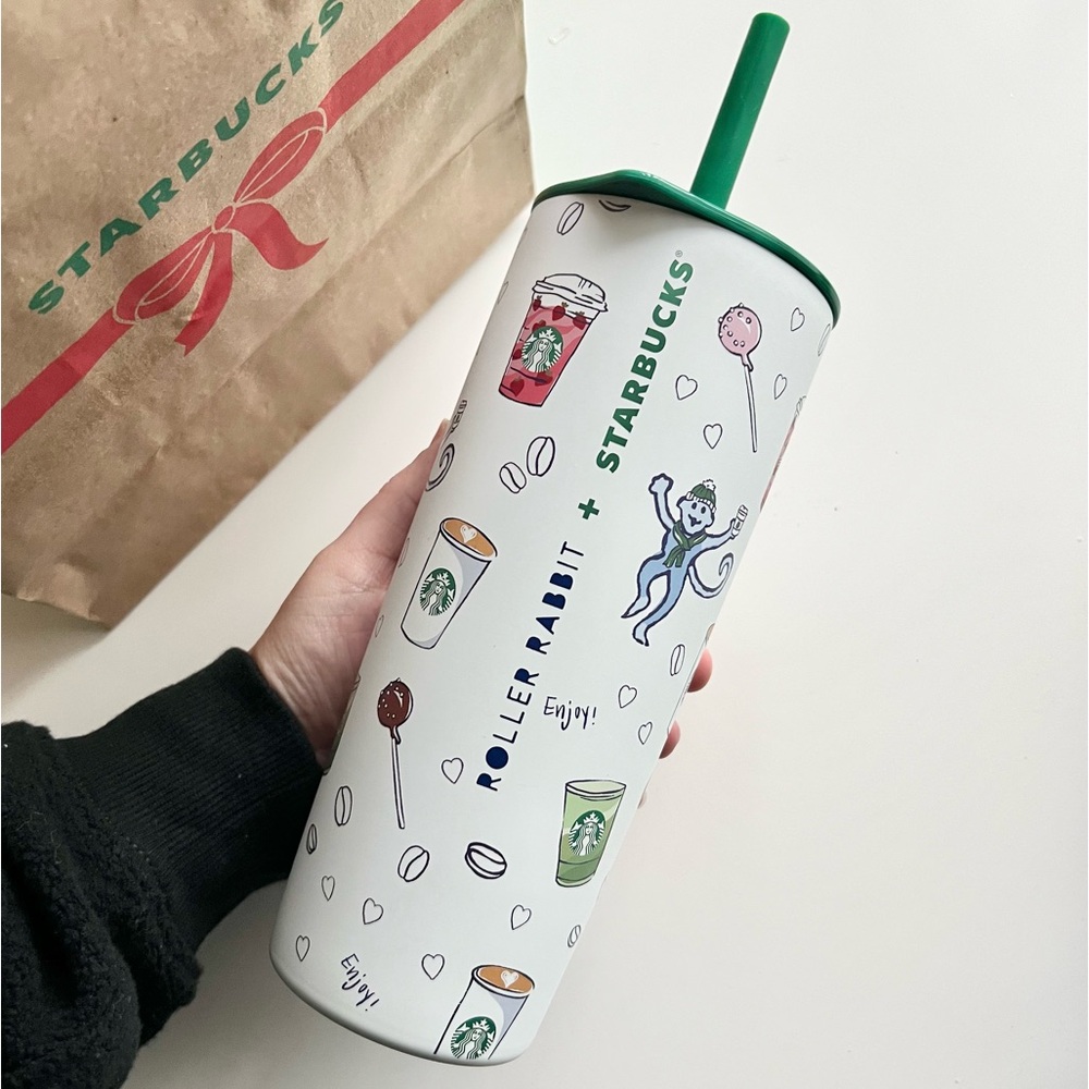NEW Starbucks x Roller Rabbit Graphic White & Green Holiday Drink 24oz Tumbler